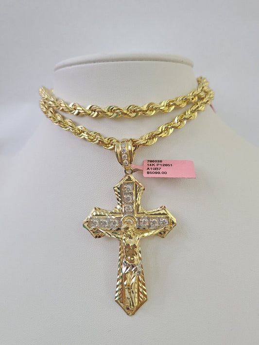 Real 14k Solid Rope Chain Jesus Cross Charm Set 6mm 18"-30" Necklace Gold