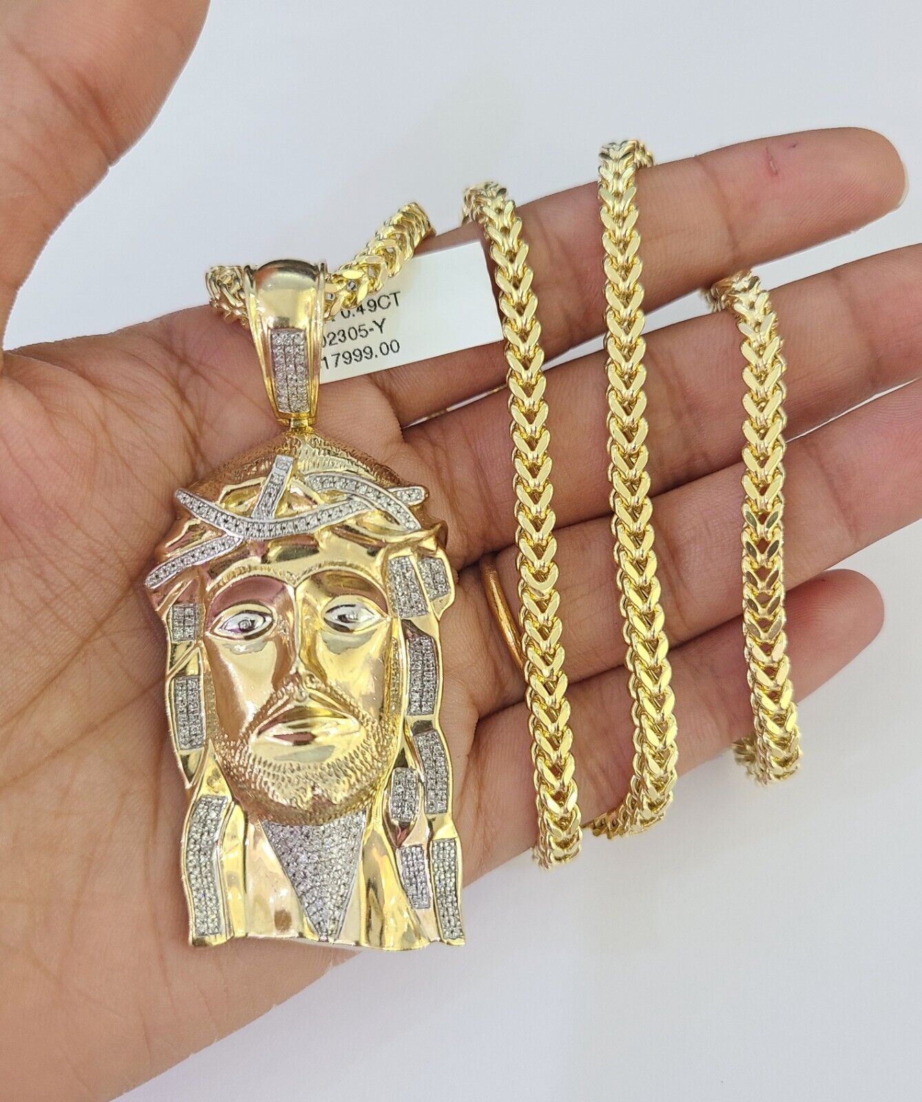 10K Franco Chain Diamond Jesus Head Pendant Charm Necklace 20"-28" 4mm Gold SET