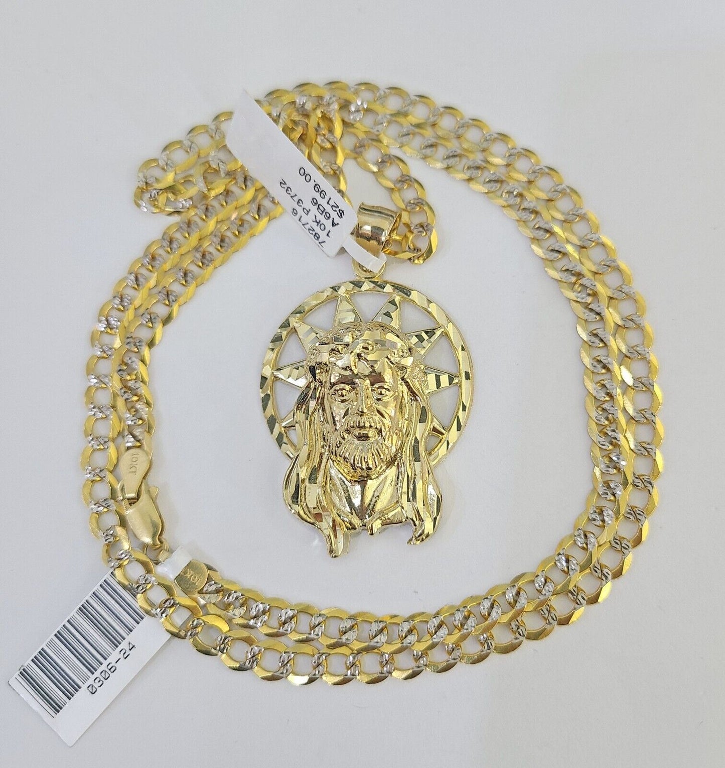 10k Gold Chain Jesus Head Charm Solid Cuban Curb Link 5mm 18"-28" Inch SET