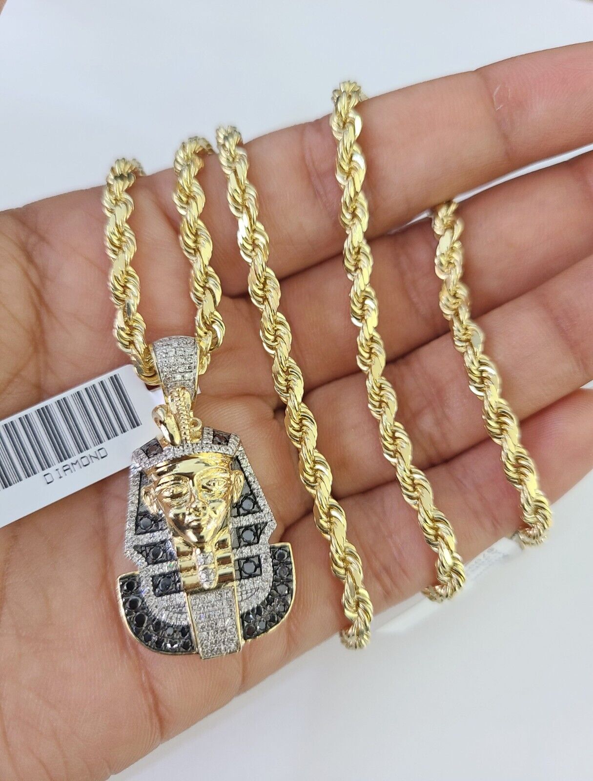 10k Solid Rope Chain Pharaoh Charm Diamond Set 4mm 20"-28" Necklace Gold Yellow