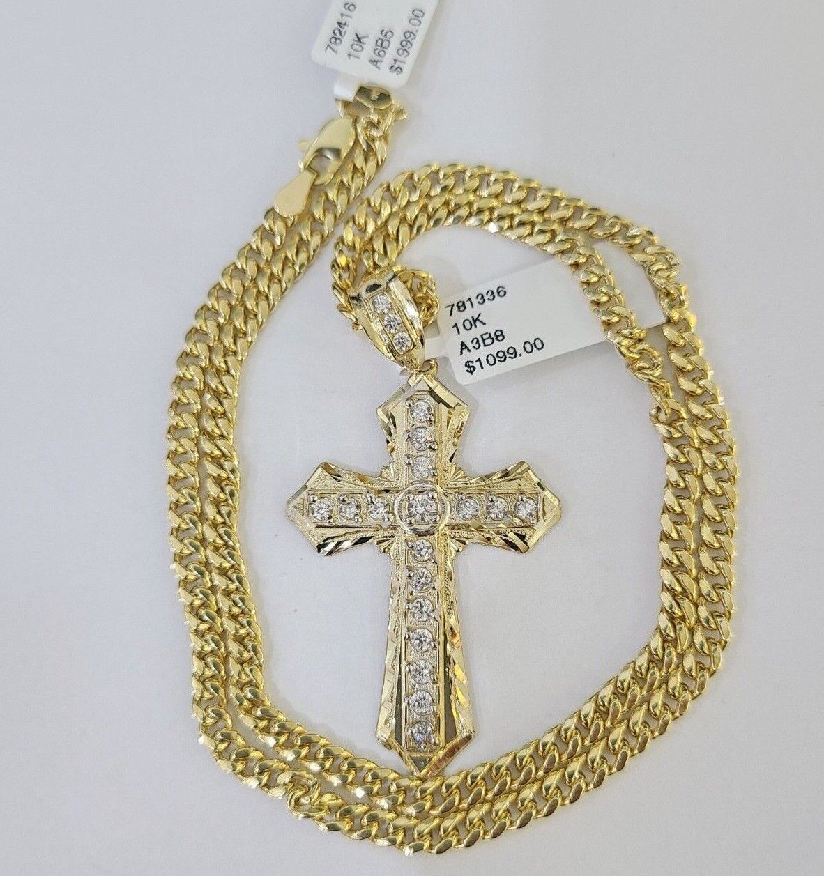 10k Yellow Gold Chain Cross Charm Pendant Set Miami Cuban Link Necklace DISCOUNT