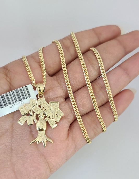 10K Solid Gold Miami Cuban Chain Money Tree Pendant Charm 18"-26" 2.5mm SET