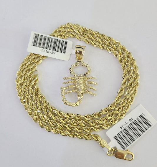 10k Solid Rope Chain 3mm Scorpion Pendant Charm Necklace SET 18-26 in