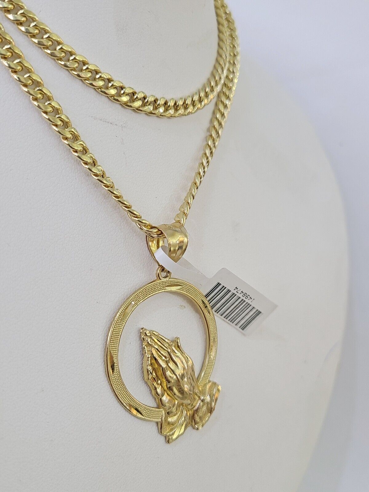 Real 10k Miami Cuban Chain Praying Hands Charm Set 4mm Yellow Gold Necklace