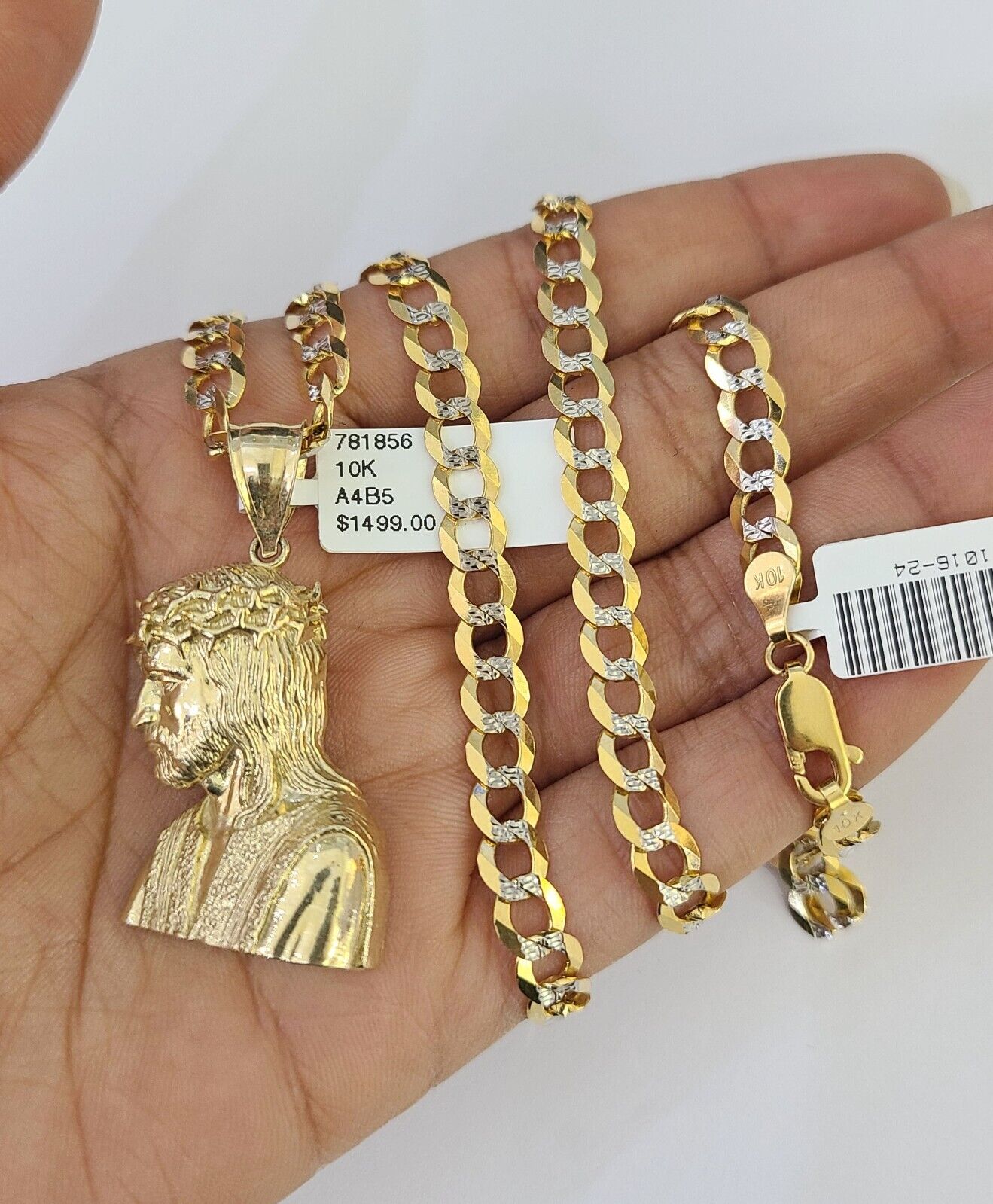 10k Solid Gold Cuban Curb Chain Jesus Head Pendant 6mm 20"-30" SET Necklace