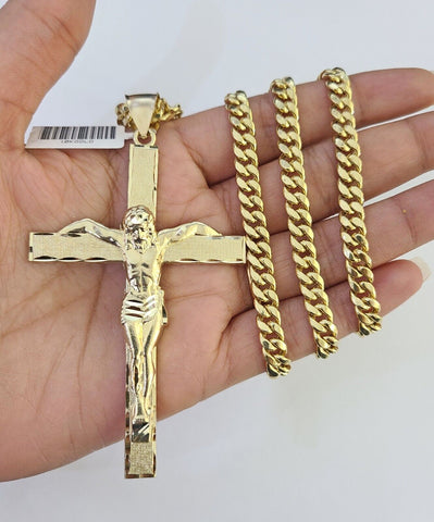 10K Miami Cuban Link Chain Jesus Cross Pendent Charm 6mm 20"-30" Necklace