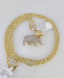 10k Solid Rope Chain Bull Dog Pendant Diamond Necklace 20"-28" Gold Set 3mm