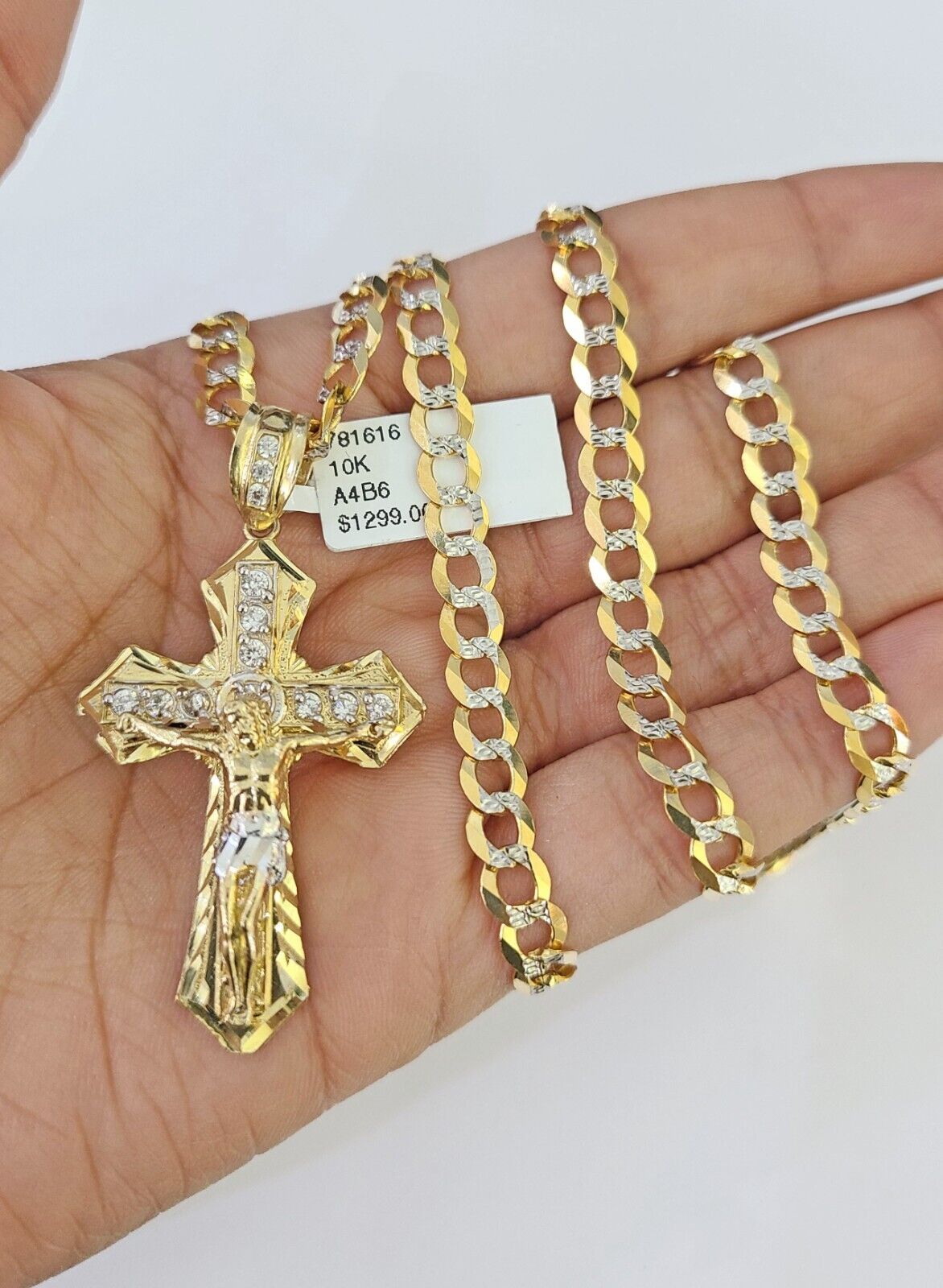 10k Solid Gold Cuban Curb Chain Jesus Cross Pendant 6mm 20"-30" SET Necklace