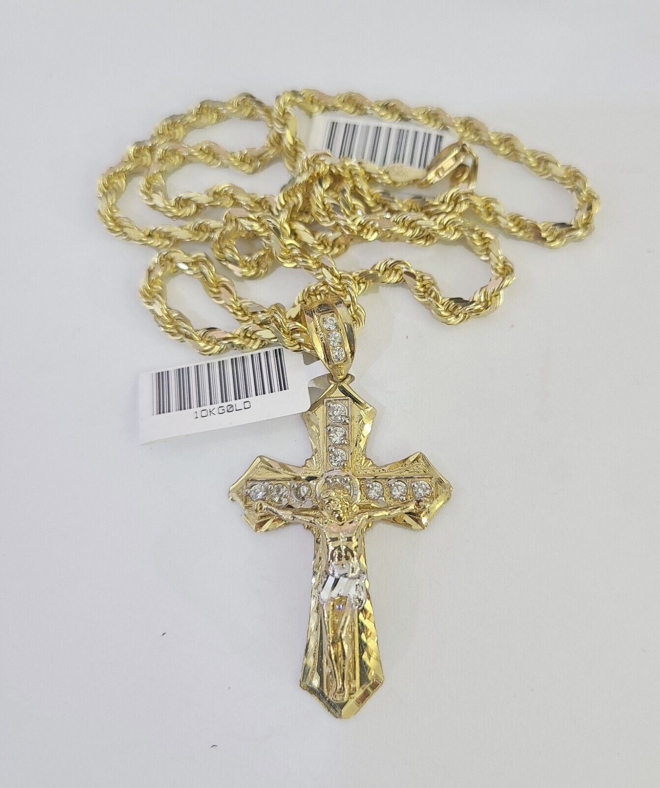 10k Solid Rope Chain Jesus Cross Charm Set 4mm 18"-30" Necklace Gold Pendant