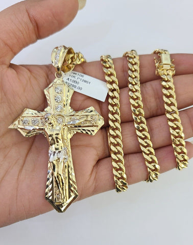 10K Miami Cuban Link Chain Jesus Cross Pendent Charm 6mm 20"-30" Necklace