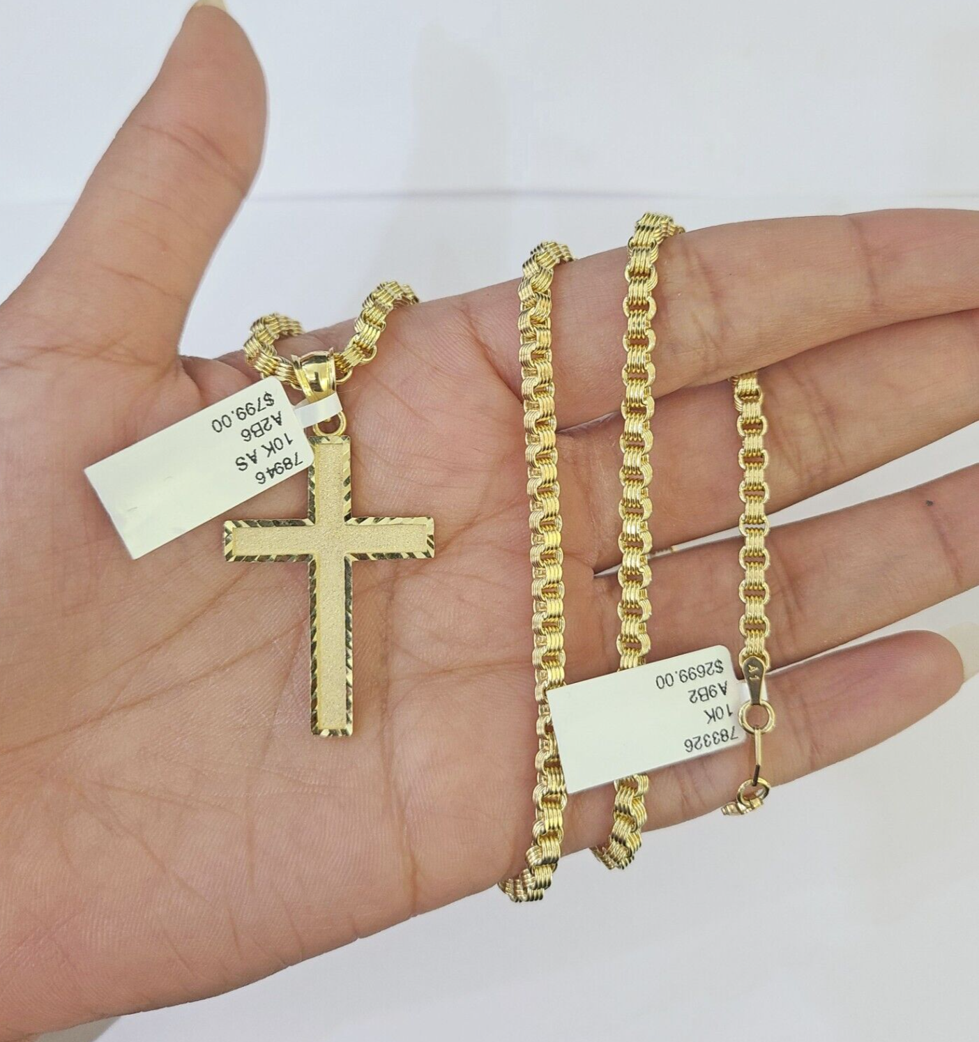 Real 10k Gold Plain Cross Byzantine Chain Necklace 3mm 20" SET 10kt Genuine