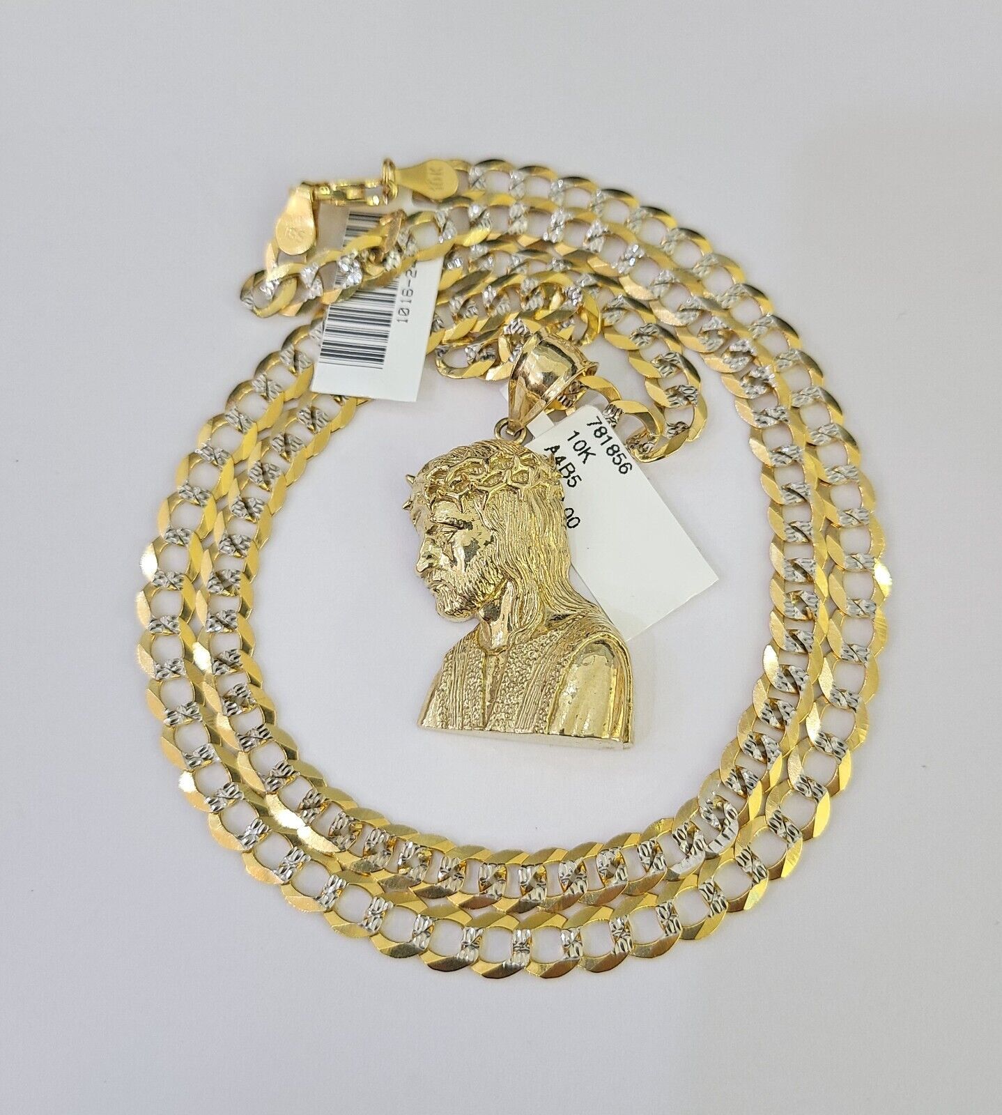 10k Solid Gold Cuban Curb Chain Jesus Head Pendant 6mm 20"-30" SET Necklace