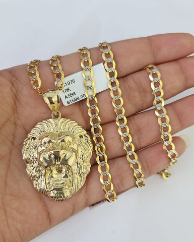 10k Gold Chain Roaring Lion Charm Solid Cuban Curb 5mm 18"-28" Inch SET Necklace