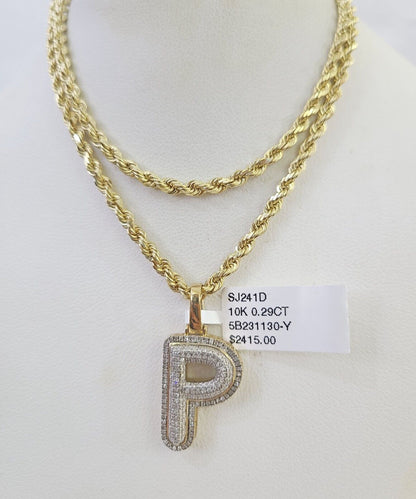 10k 3mm Rope Solid Chain P Diamond Pendant Alphabet 18"-28" Gold Charm Necklace