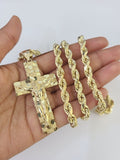 Real 10k  Gold Rope Chain Nugget Cross Charm Set 7mm 20"-28" Inch Necklace, Men's
