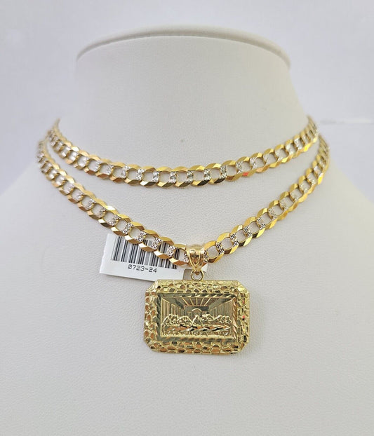 10k Solid Gold Cuban Curb Chain Last Supper Pendant 6mm 20"-30" SET Necklace