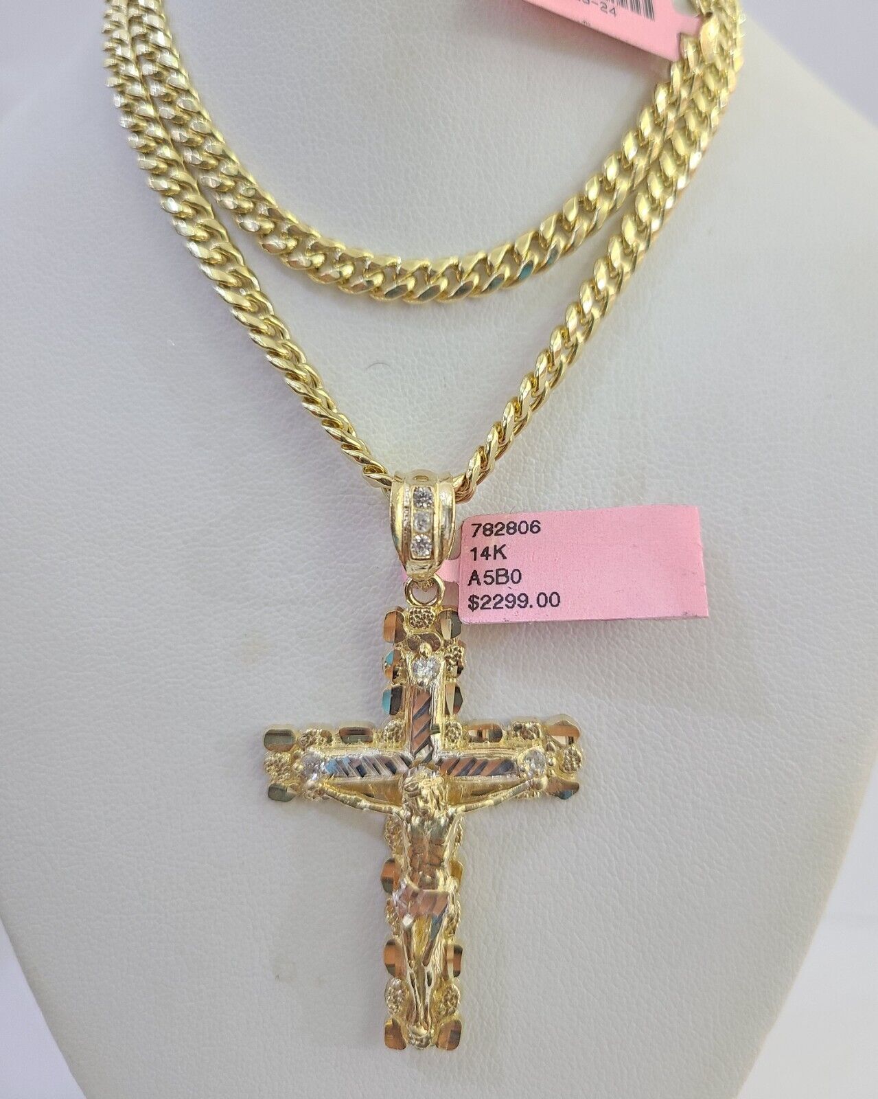 Real 14k Chain Cross Charm Set Miami Cuban Link 5mm 18"-30" Necklace Pendant