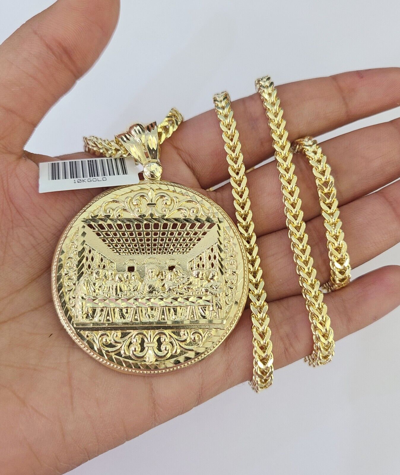 10K Franco Chain Last Supper Pendant Charm Necklace 20"-28" 4mm Yellow Gold SET