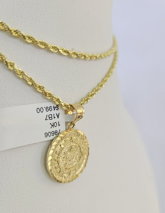 10k Solid Rope Chain Mayan Calendar Pendant Charm Necklace 18-24" SET 2mm