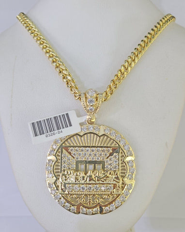 10K Miami Cuban Chain Last Supper Pendent Charm Yellow Gold 6mm 18"-26" Inch