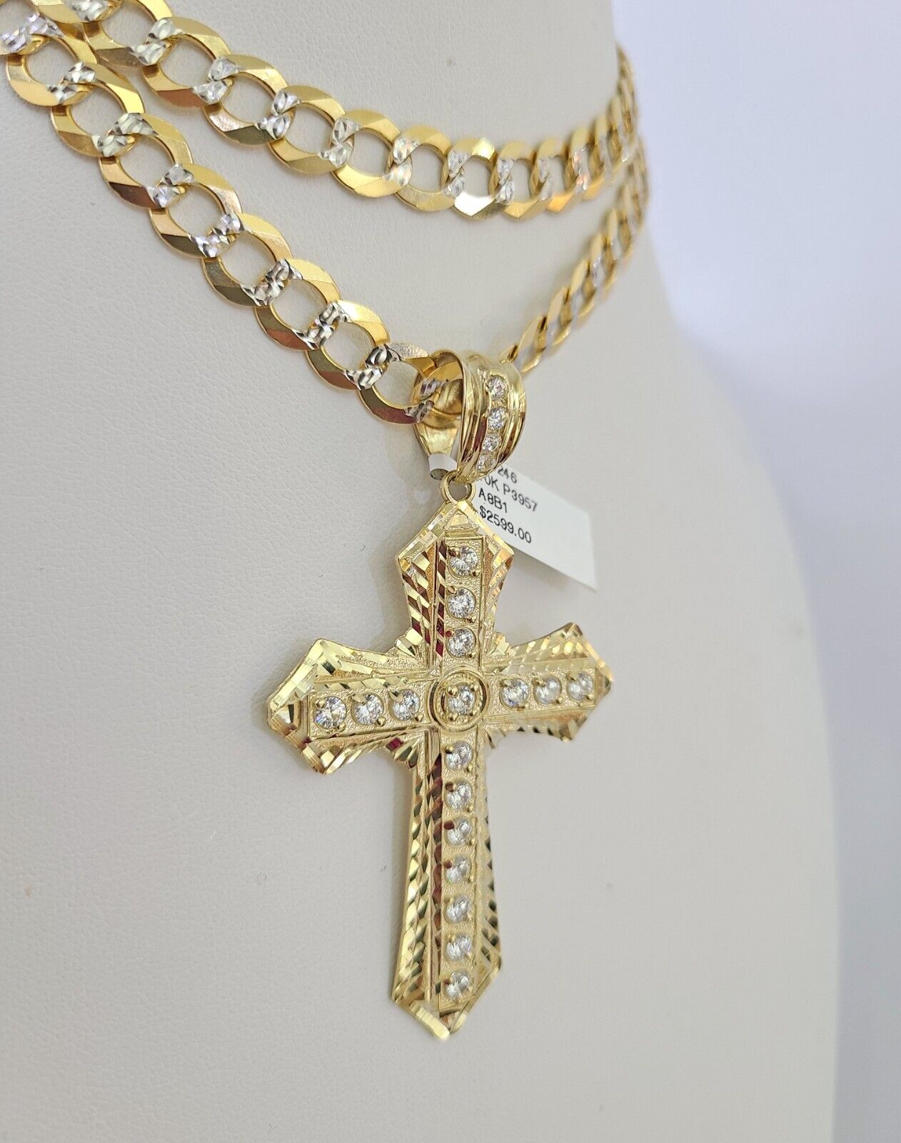 10k Gold Chain Cross Charm Solid Cuban Curb Necklace 9mm 20"-30" Diamond Cut SET