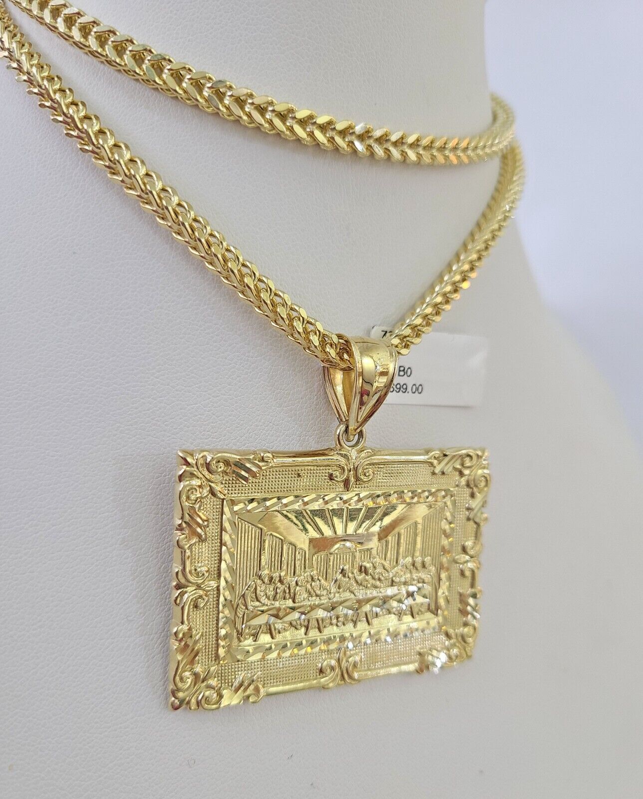 10K Franco Chain Last Supper Pendant Charm Necklace 20"-28" 4mm Yellow Gold SET