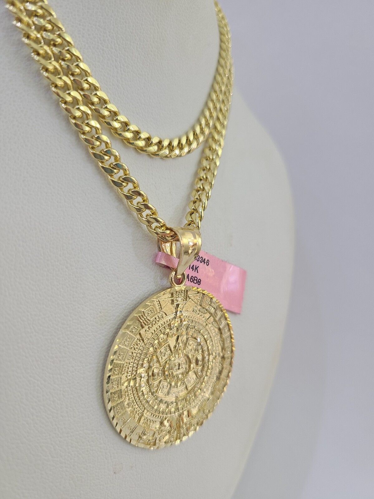 14k Chain Mayan Calendar Charm Set Miami Cuban Link 5mm 18"-30" Necklace Pendant