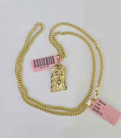 14k Miami Cuban Chain Jesus Head Charm Yellow Gold Set 3mm 18"-28" Necklace