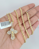 10k Solid Rope Chain Jesus Cross Pendant Diamond Necklace 20"-28" Gold Set 3mm