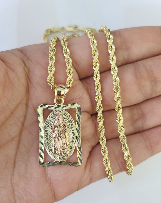 10k 3mm Rope Chain Virgin Mary Pendant 18"-30" Yellow Gold Set Charm Necklace