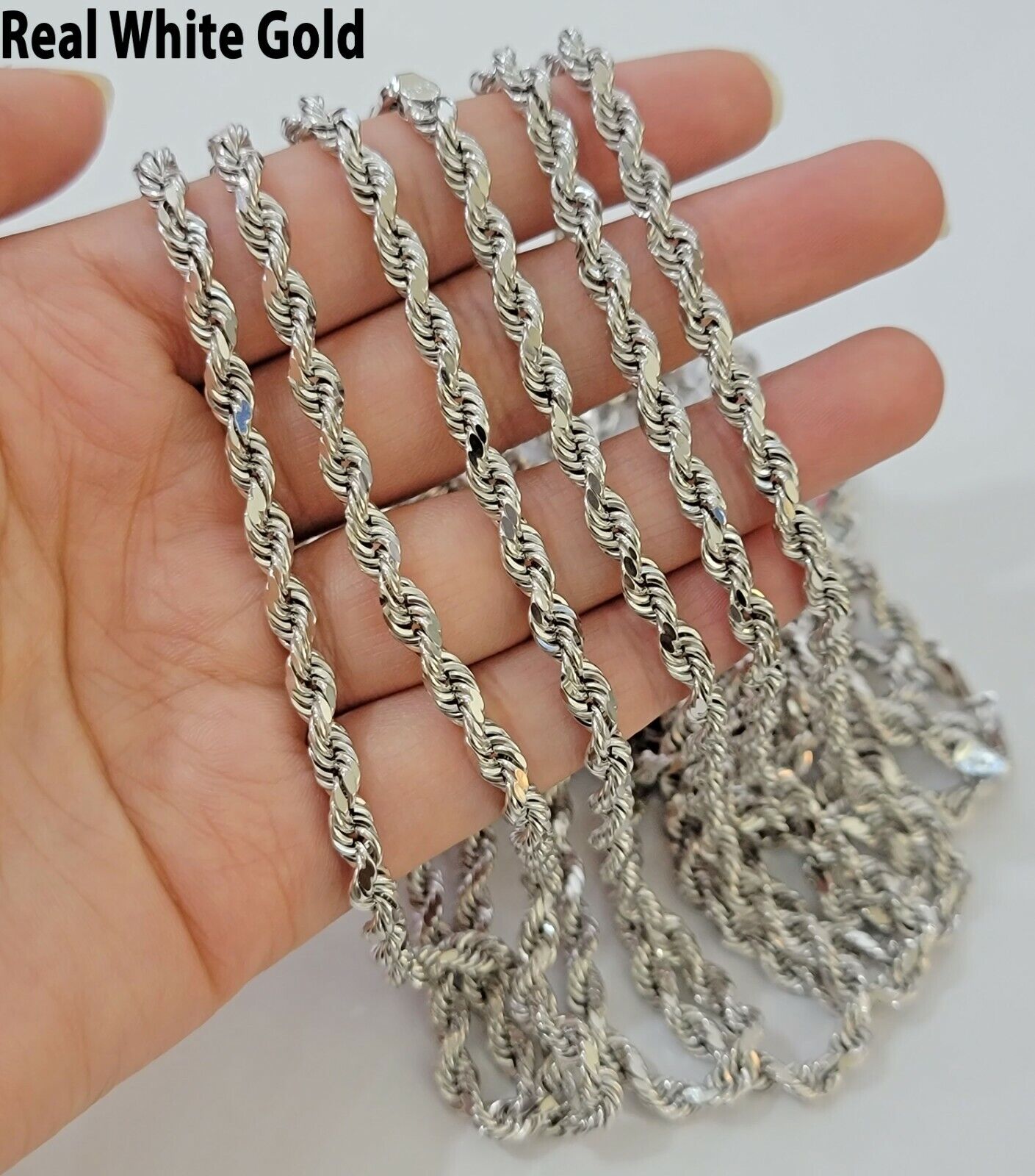 10k White Gold Rope Chain Necklace 20- 24 Inch 4mm Men Women Real Gold Diamond Cut