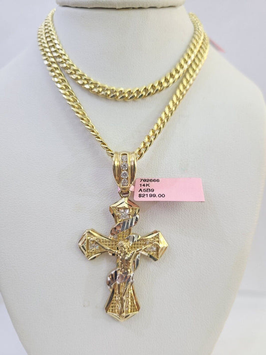 Real 14k Chain Cross Charm Set Miami Cuban Link 5mm 18"-30" Necklace Pendant