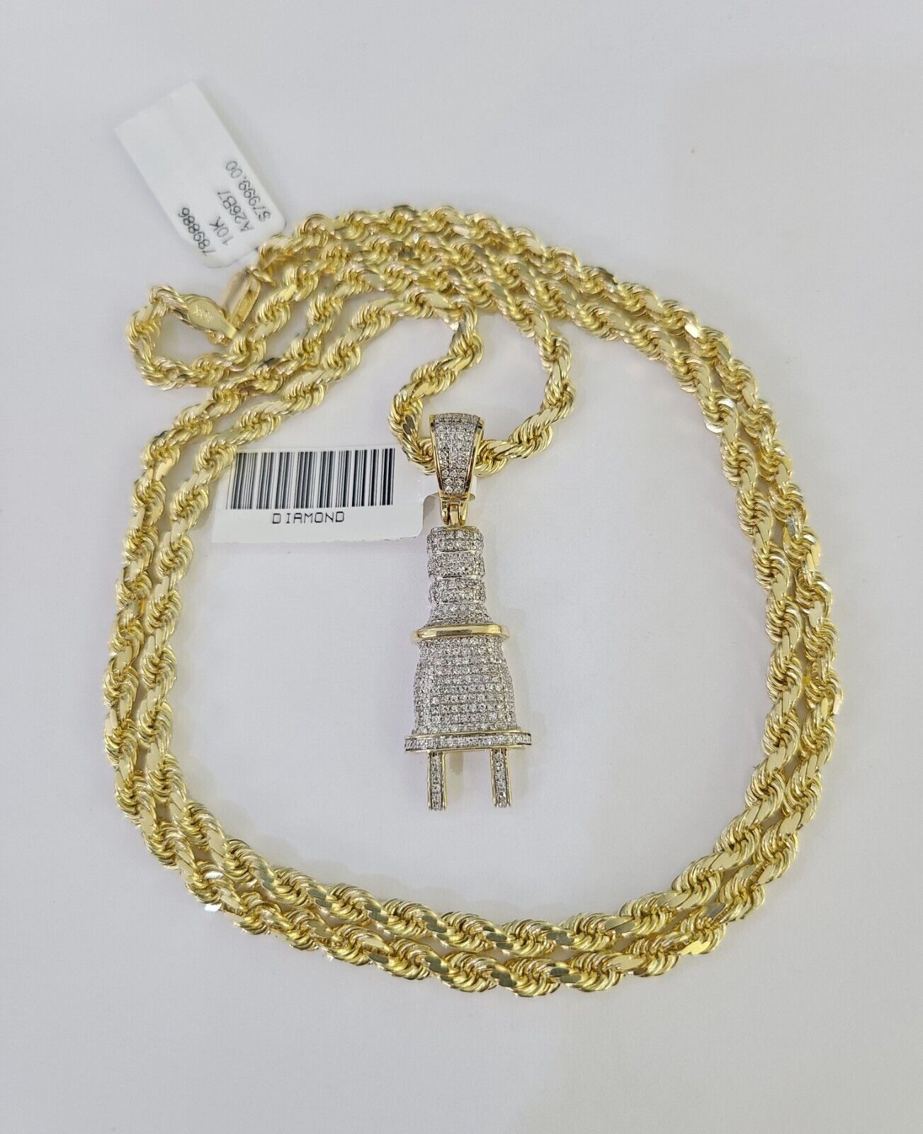 10k Solid Rope Chain Plug Socket Charm Diamond Set 4mm 20"-28" Necklace Gold