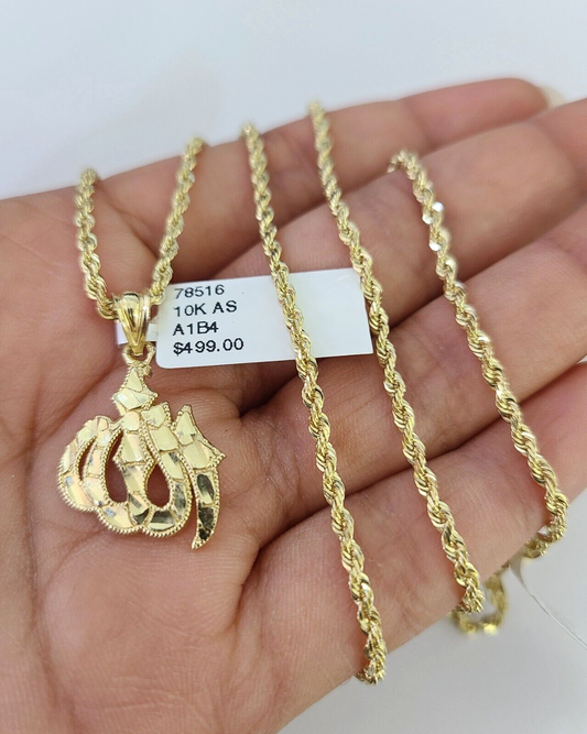 10k Solid Rope Chain 2mm Allah Pendant Charm Necklace SET 18-22" Ladies