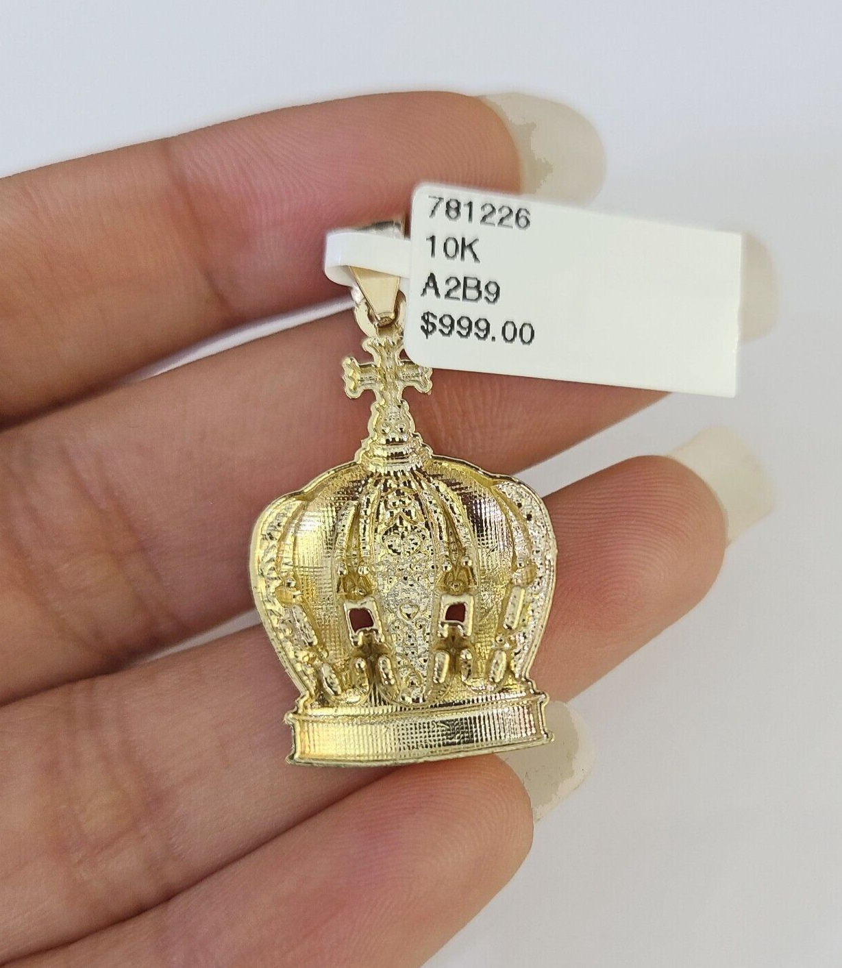 10K Imperial Crown Charm Pendant Real Yellow Gold 1.5" Inch 10kt (Resized 5mm)