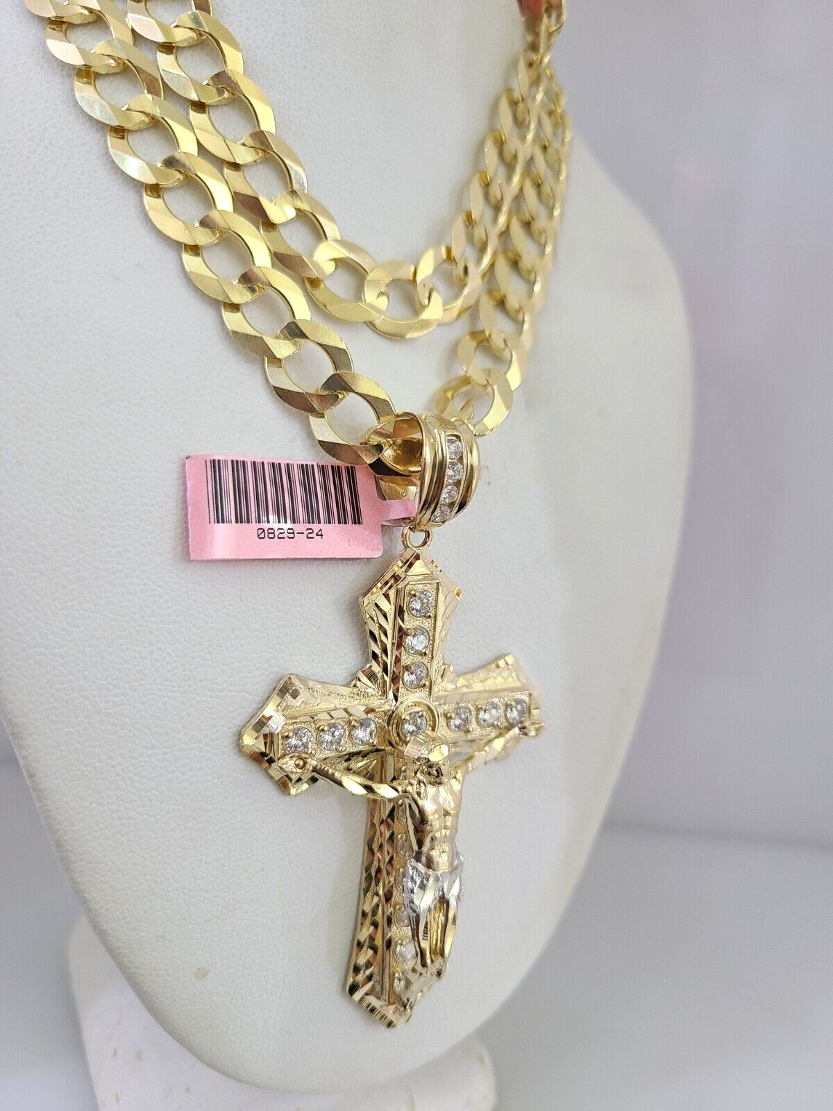 14k Gold Chain Jesus Cross Charm Solid Cuban Curb 10mm 20"-30" SET Necklace