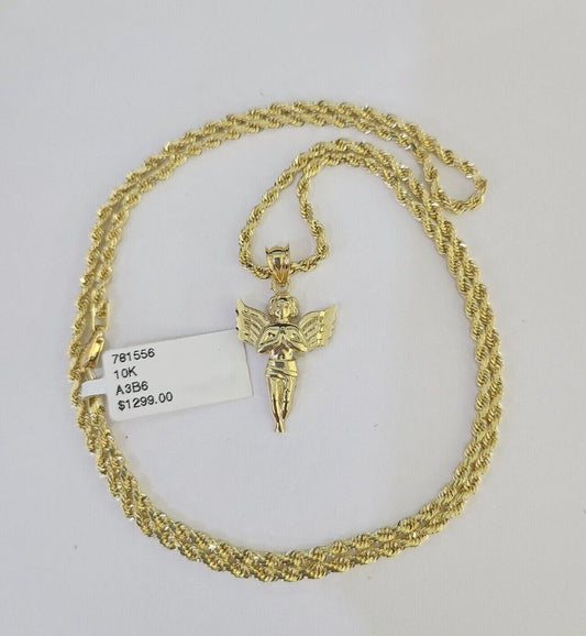 10k 2.5mm Rope Chain Praying Angel Pendant 18"-30 Yellow Gold Set Charm Necklace