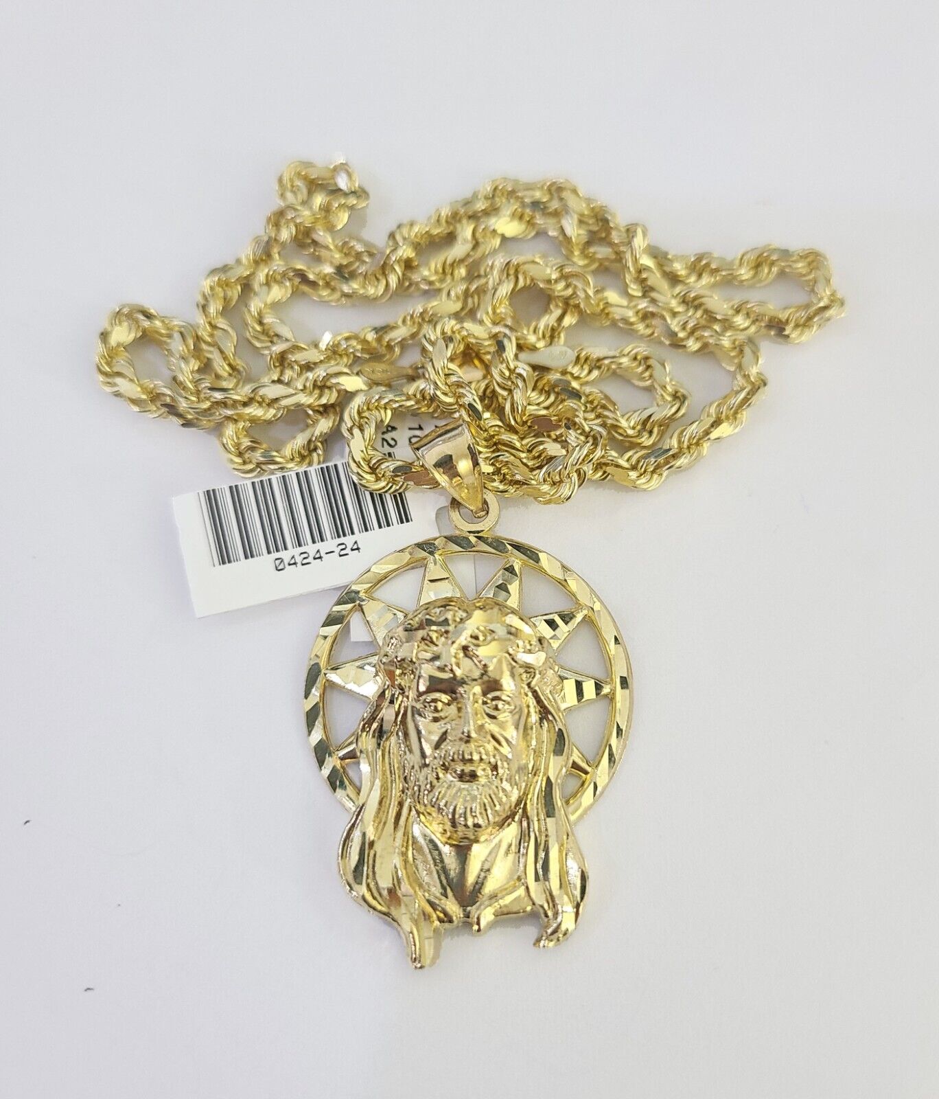 10k Solid Rope Chain Jesus Head Charm Set 4mm 18"-30" Necklace Gold Pendant