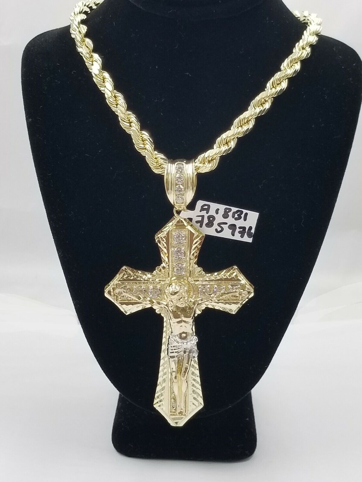 Men 10k Real Yellow Gold Rope Chain 24" Crucifix Cross Charm Diamond cut Set