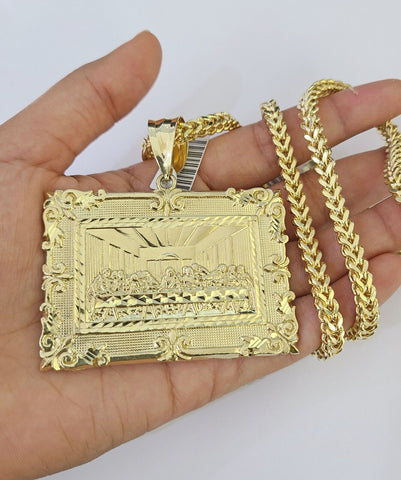 10K Franco Chain Last Supper Pendant Charm Necklace 20"-26" 5mm Yellow Gold SET