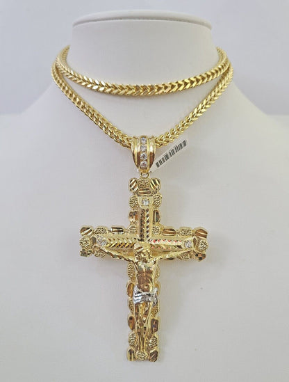 10K Franco Chain Jesus Cross Pendant Charm Necklace 20"-26" 5mm Gold Yellow SET