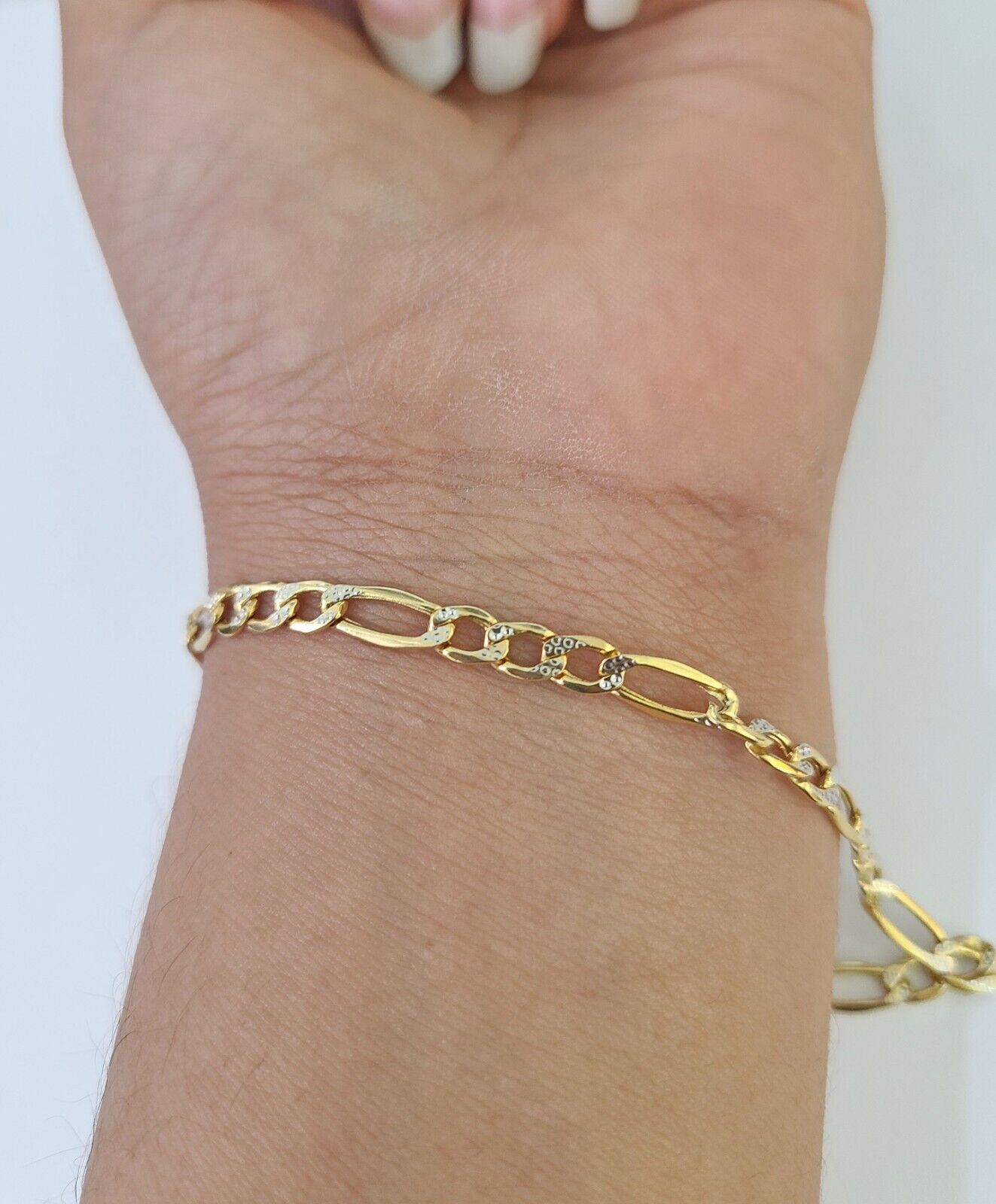 Real 14k Figaro link Bracelet Yellow Gold 4mm 9" Inch Men women Genuine