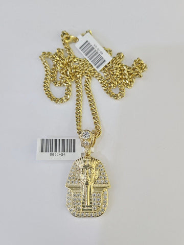 10k Miami Cuban Chain Pharaoh Charm Set 4mm 18"-28" Necklace Pendant Gold