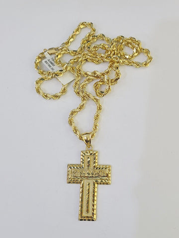 10k Solid Rope Chain Last Supper Cross Charm Set 4mm 18"-28" Necklace Yellow