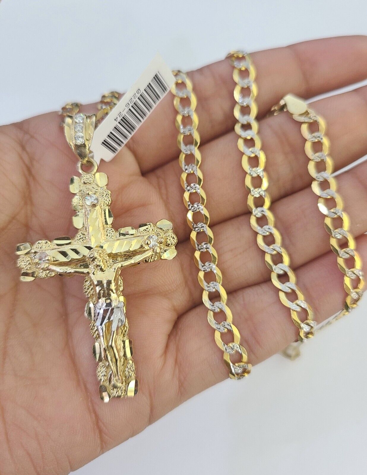 10k Gold Chain Cross Charm Solid Cuban Curb Link 5mm 18"-28" Inch DiamondCut SET