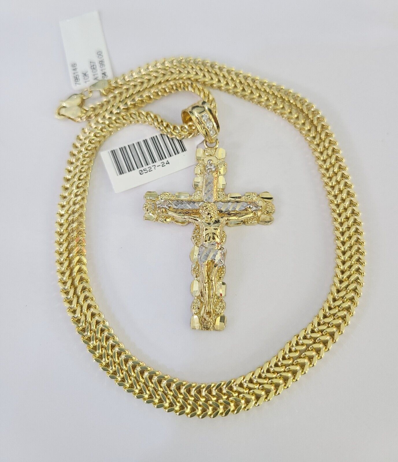 10K Franco Chain Jesus Cross Pendant Charm Necklace 20"-26" 3mm Gold Yellow SET