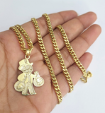 10k Gold Chain Miami Cuban Grandpa Money Bag Charm Set 4mm 18"28" Necklace
