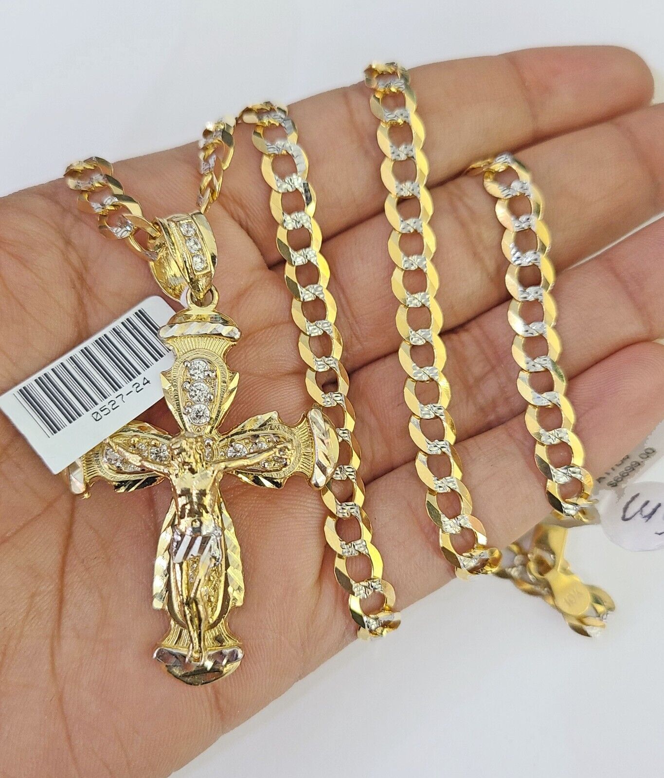 10k Solid Gold Cuban Curb Chain Jesus Cross Pendant 6mm 20"-30" SET Necklace