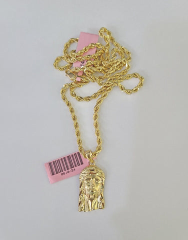 Real 14k Rope Chain Jesus Head Charm Set Yellow Gold 3mm 18-30" Necklace Pendant