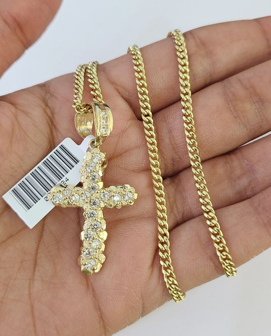 10K Gold Miami Cuban Chain Jesus Cross 18"-28" 3mm Pendant Necklace SET Charm